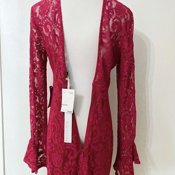 NWT ADELYN RAE RASPBERRY RED TIE NECK LACE LONG SLEEVE COCKTAIL DRESS - S - Picture 6 of 11